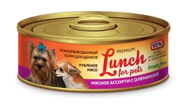 Lunch for pets 100гр Мясное ассорти для щенков с Олениной рубленое мясо (24шт./уп.)