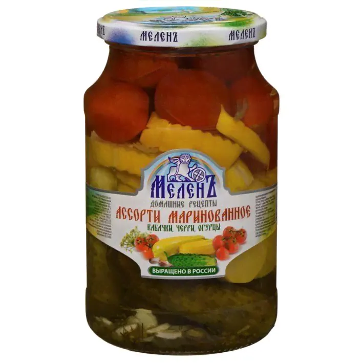 Ассорти маринованные кабачки/черри/огурцы 900г Меленъ-0