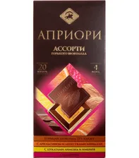 Шоколад АПРИОРИ Горький АССОРТИ шоколад 75% / апельсин и миндаль / цукаты лимона / малина (20шт*5г) 100г